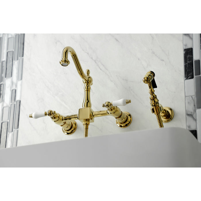 Heritage KS1262PLBS Two-Handle 2-Hole Wall Mount Bridge Kitchen Faucet with Brass Sprayer, Polished Brass