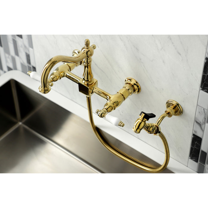 Heritage KS1262PLBS Two-Handle 2-Hole Wall Mount Bridge Kitchen Faucet with Brass Sprayer, Polished Brass