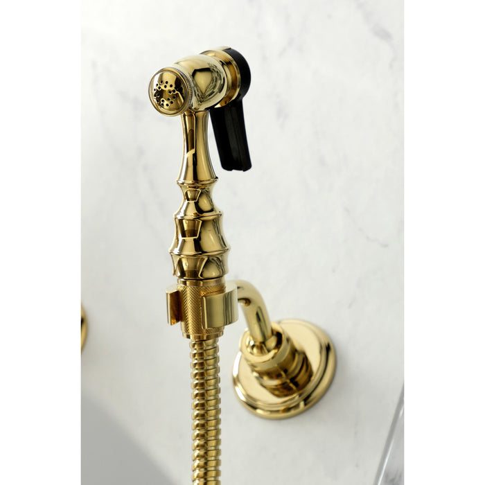 Heritage KS1262PXBS Two-Handle 2-Hole Wall Mount Bridge Kitchen Faucet with Brass Sprayer, Polished Brass
