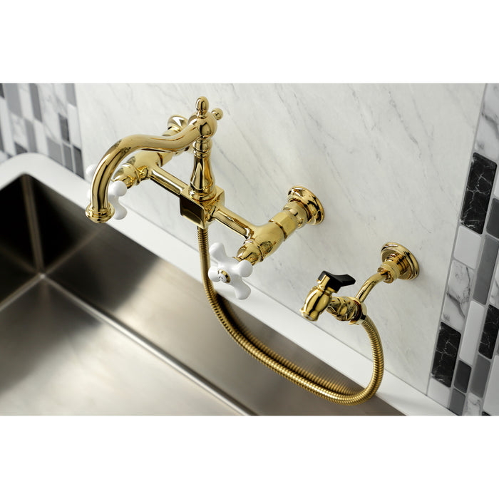 Heritage KS1262PXBS Two-Handle 2-Hole Wall Mount Bridge Kitchen Faucet with Brass Sprayer, Polished Brass