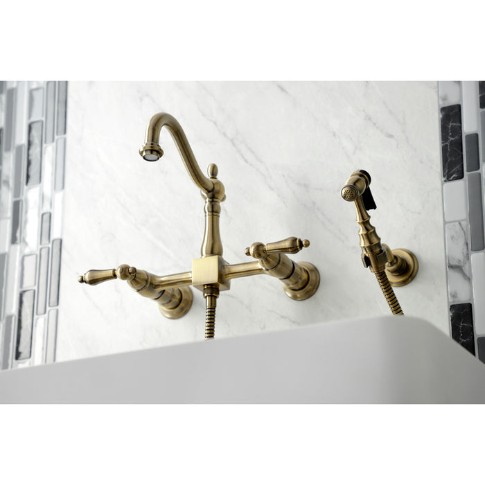Heritage KS1263ALBS Two-Handle 2-Hole Wall Mount Bridge Kitchen Faucet with Brass Sprayer, Antique Brass