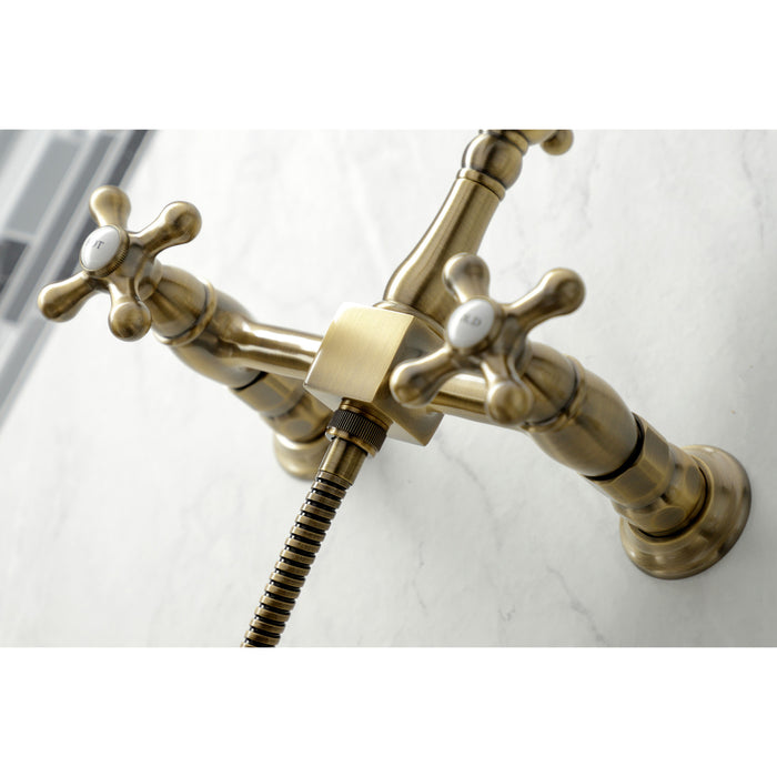 Heritage KS1263AXBS Two-Handle 2-Hole Wall Mount Bridge Kitchen Faucet with Brass Sprayer, Antique Brass