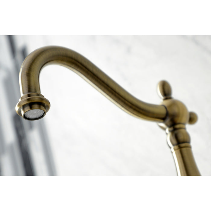 Heritage KS1263AXBS Two-Handle 2-Hole Wall Mount Bridge Kitchen Faucet with Brass Sprayer, Antique Brass