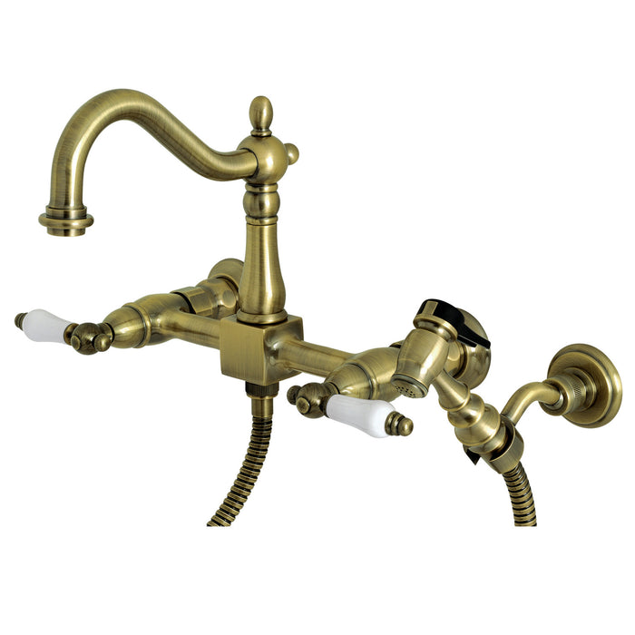 Heritage KS1263PLBS Two-Handle 2-Hole Wall Mount Bridge Kitchen Faucet with Brass Sprayer, Antique Brass