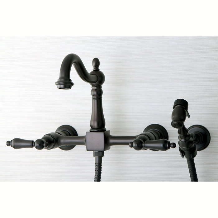 Heritage KS1265ALBS Two-Handle 2-Hole Wall Mount Bridge Kitchen Faucet with Brass Sprayer, Oil Rubbed Bronze