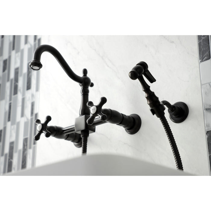 Heritage KS1265AXBS Two-Handle 2-Hole Wall Mount Bridge Kitchen Faucet with Brass Sprayer, Oil Rubbed Bronze