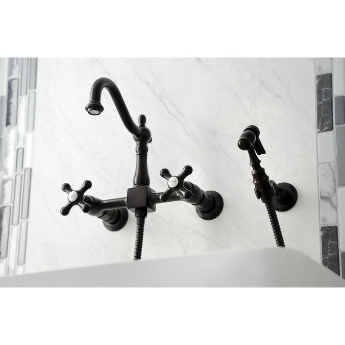 Heritage KS1265AXBS Two-Handle 2-Hole Wall Mount Bridge Kitchen Faucet with Brass Sprayer, Oil Rubbed Bronze