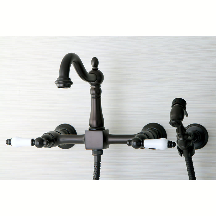 Heritage KS1265PLBS Two-Handle 2-Hole Wall Mount Bridge Kitchen Faucet with Brass Sprayer, Oil Rubbed Bronze