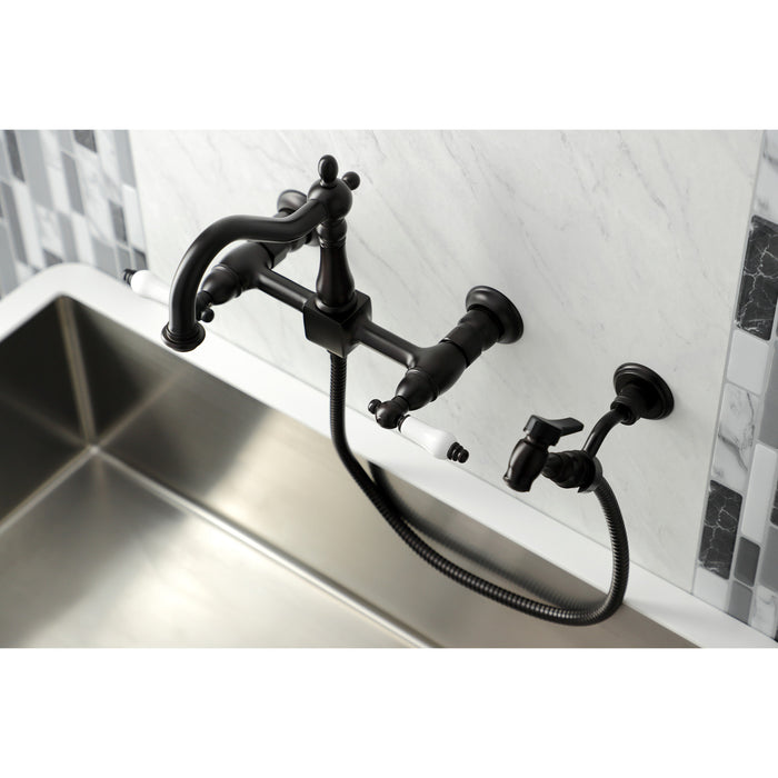 Heritage KS1265PLBS Two-Handle 2-Hole Wall Mount Bridge Kitchen Faucet with Brass Sprayer, Oil Rubbed Bronze