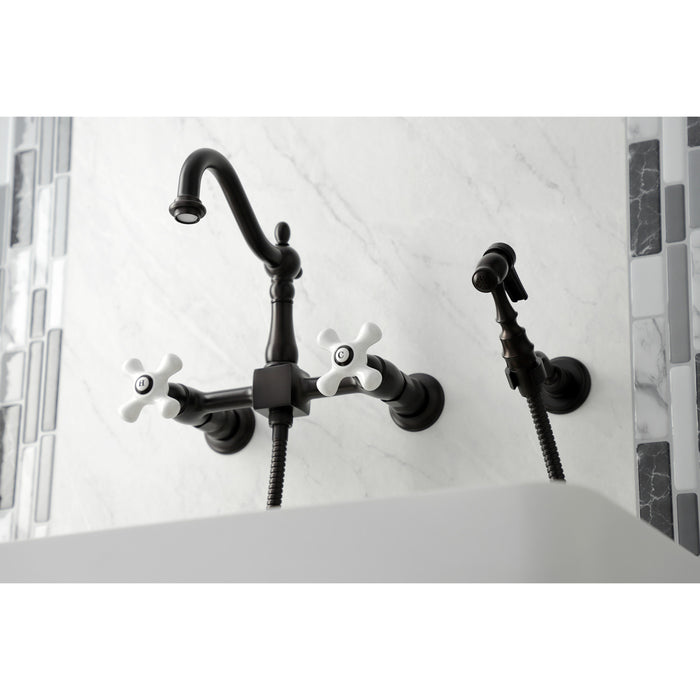 Heritage KS1265PXBS Two-Handle 2-Hole Wall Mount Bridge Kitchen Faucet with Brass Sprayer, Oil Rubbed Bronze
