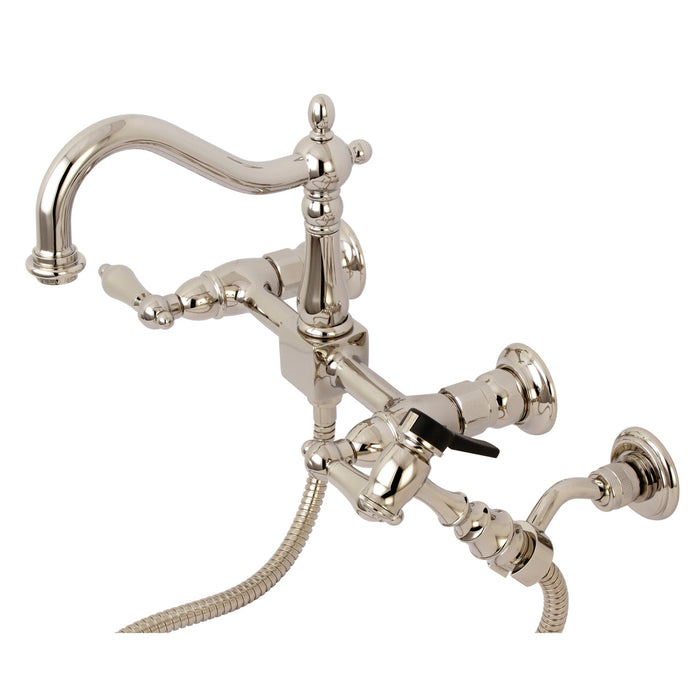 Heritage KS1266ALBS Two-Handle 2-Hole Wall Mount Bridge Kitchen Faucet with Brass Sprayer, Polished Nickel