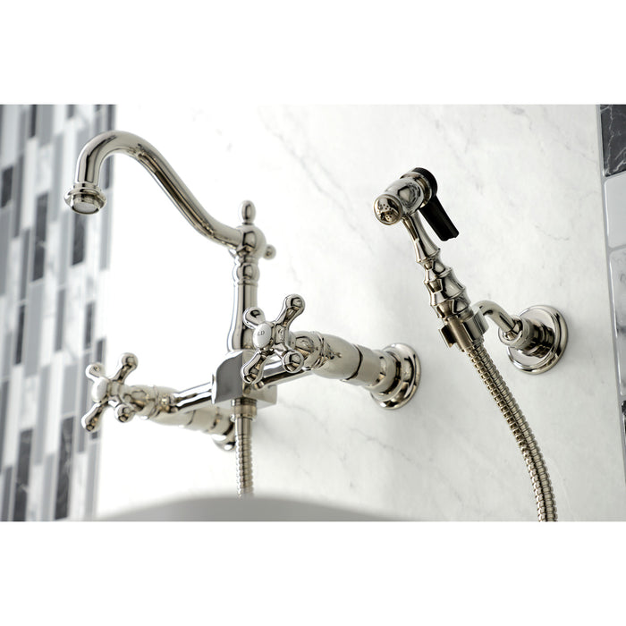 Heritage KS1266AXBS Two-Handle 2-Hole Wall Mount Bridge Kitchen Faucet with Brass Sprayer, Polished Nickel