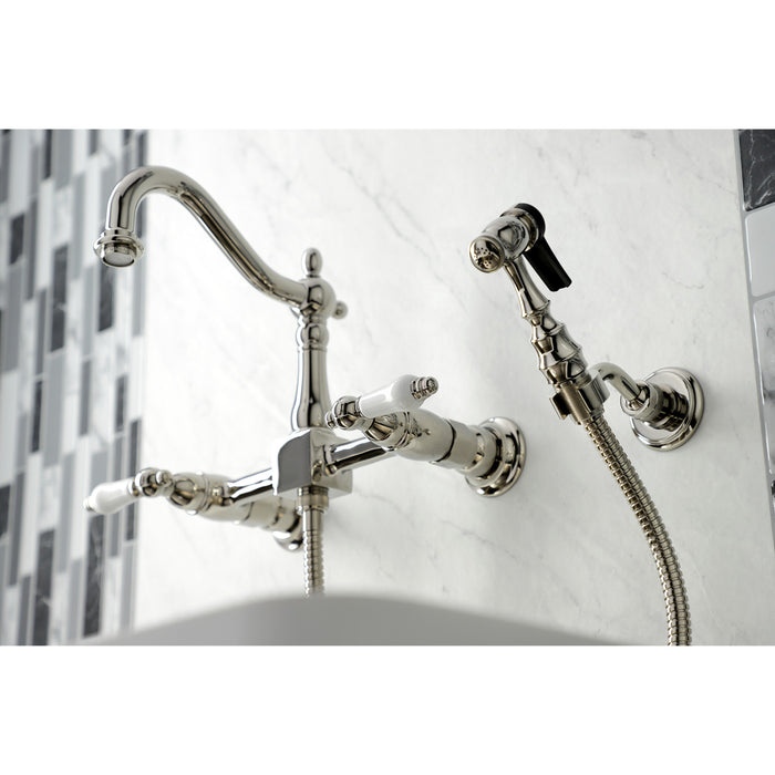 Heritage KS1266PLBS Two-Handle 2-Hole Wall Mount Bridge Kitchen Faucet with Brass Sprayer, Polished Nickel