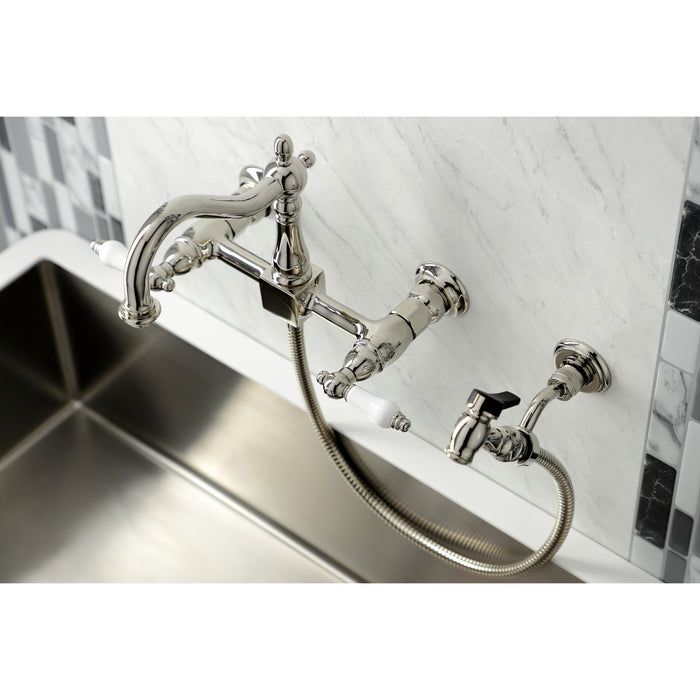 Heritage KS1266PLBS Two-Handle 2-Hole Wall Mount Bridge Kitchen Faucet with Brass Sprayer, Polished Nickel
