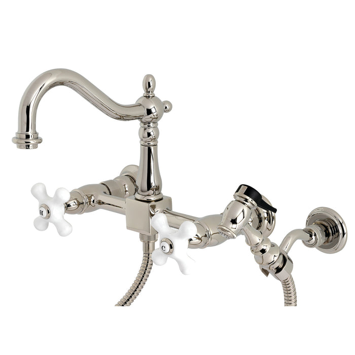 Heritage KS1266PXBS Two-Handle 2-Hole Wall Mount Bridge Kitchen Faucet with Brass Sprayer, Polished Nickel
