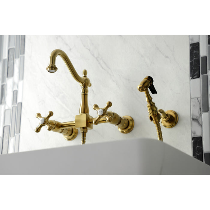 Heritage KS1267AXBS Two-Handle 2-Hole Wall Mount Bridge Kitchen Faucet with Brass Sprayer, Brushed Brass