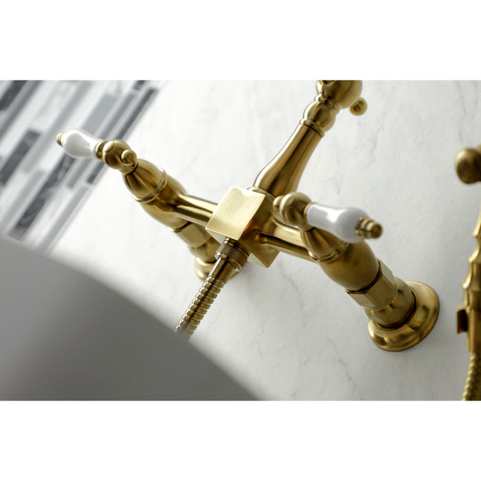 Heritage KS1267PLBS Two-Handle 2-Hole Wall Mount Bridge Kitchen Faucet with Brass Sprayer, Brushed Brass