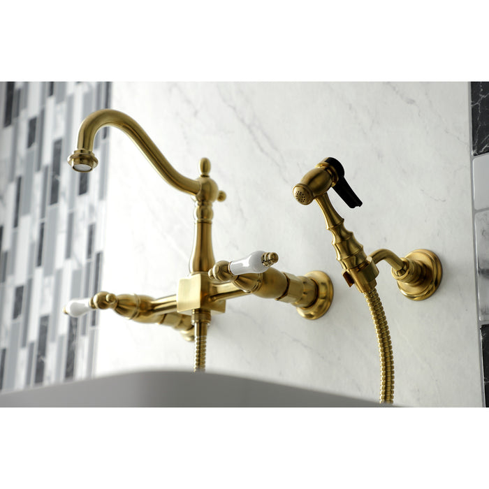 Heritage KS1267PLBS Two-Handle 2-Hole Wall Mount Bridge Kitchen Faucet with Brass Sprayer, Brushed Brass