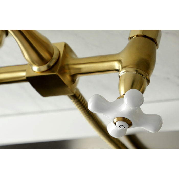 Heritage KS1267PXBS Two-Handle 2-Hole Wall Mount Bridge Kitchen Faucet with Brass Sprayer, Brushed Brass