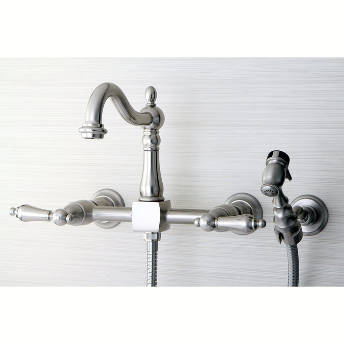 Heritage KS1268ALBS Two-Handle 2-Hole Wall Mount Bridge Kitchen Faucet with Brass Sprayer, Brushed Nickel
