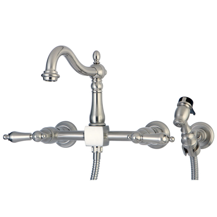 Heritage KS1268ALBS Two-Handle 2-Hole Wall Mount Bridge Kitchen Faucet with Brass Sprayer, Brushed Nickel