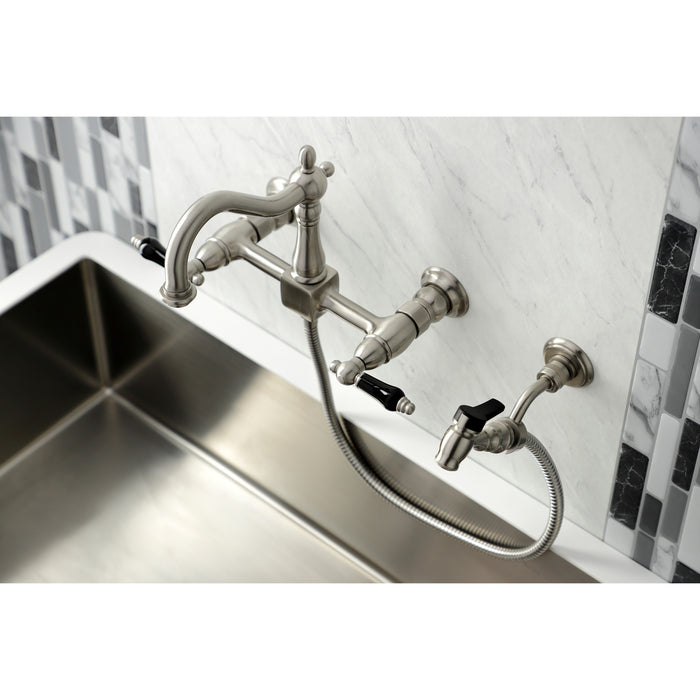 Duchess KS1268PKLBS Two-Handle 2-Hole Wall Mount Bridge Kitchen Faucet with Brass Sprayer, Brushed Nickel