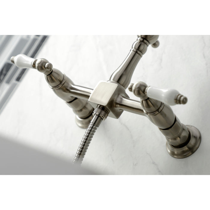 Heritage KS1268PLBS Two-Handle 2-Hole Wall Mount Bridge Kitchen Faucet with Brass Sprayer, Brushed Nickel