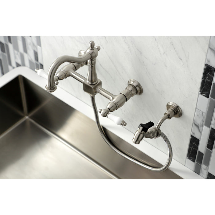 Heritage KS1268PLBS Two-Handle 2-Hole Wall Mount Bridge Kitchen Faucet with Brass Sprayer, Brushed Nickel