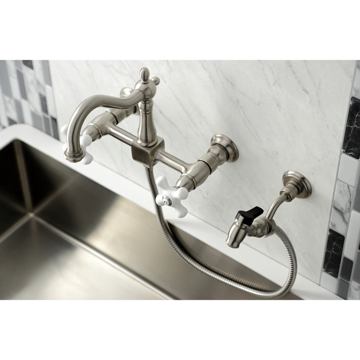 Heritage KS1268PXBS Two-Handle 2-Hole Wall Mount Bridge Kitchen Faucet with Brass Sprayer, Brushed Nickel