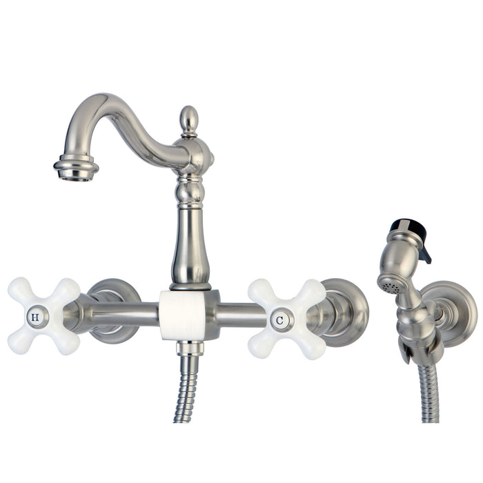 Heritage KS1268PXBS Two-Handle 2-Hole Wall Mount Bridge Kitchen Faucet with Brass Sprayer, Brushed Nickel