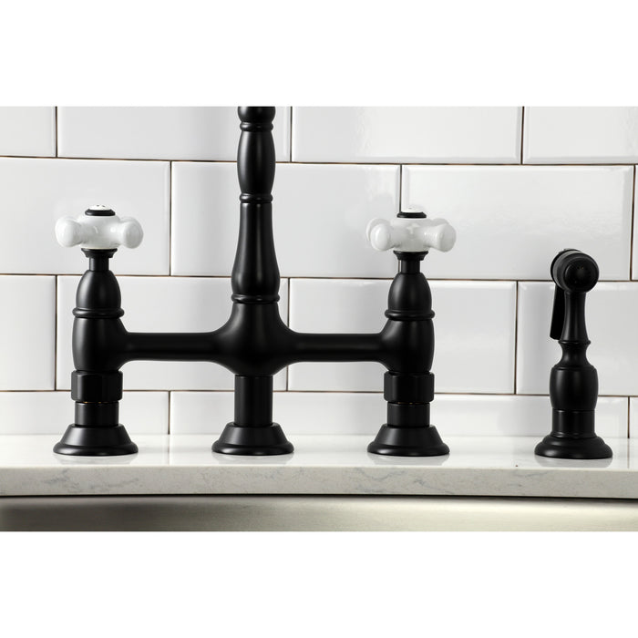 Kingston Heirloom KS1270PXBS - Heritage Two-Handle 4-Hole Deck Mount Bridge Kitchen Faucet with Brass Sprayer, Matte Black