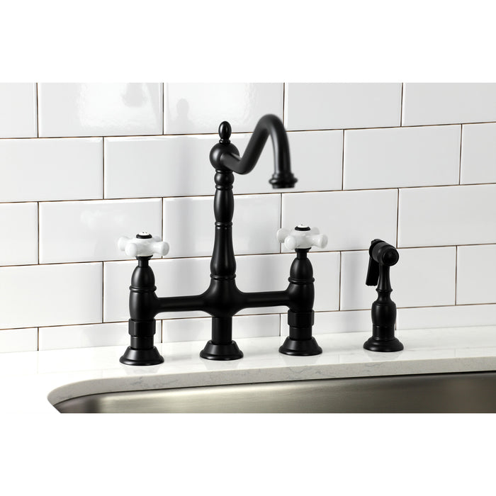 Kingston Heirloom KS1270PXBS - Heritage Two-Handle 4-Hole Deck Mount Bridge Kitchen Faucet with Brass Sprayer, Matte Black
