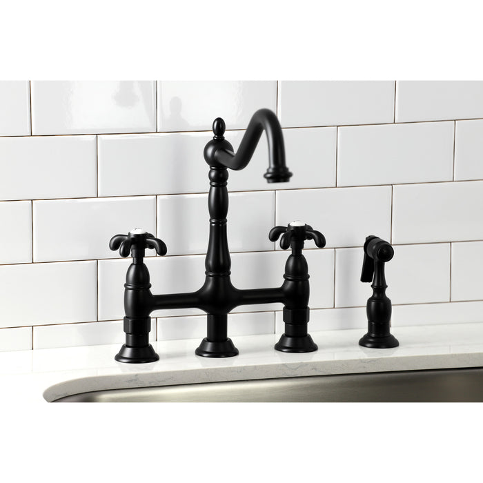 French Country KS1270TXBS Two-Handle 4-Hole Deck Mount Bridge Kitchen Faucet with Brass Sprayer, Matte Black