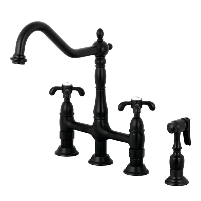 French Country KS1270TXBS Two-Handle 4-Hole Deck Mount Bridge Kitchen Faucet with Brass Sprayer, Matte Black