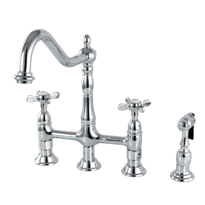 Essex KS1271BEXBS Two-Handle 4-Hole Deck Mount Bridge Kitchen Faucet with Brass Sprayer, Polished Chrome