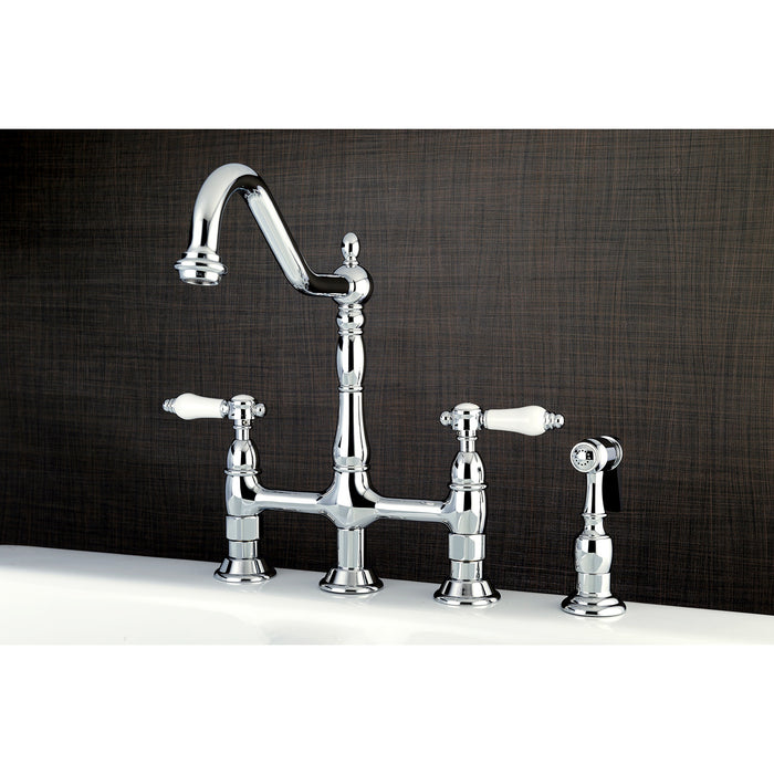 Bel-Air KS1271BPLBS Two-Handle 4-Hole Deck Mount Bridge Kitchen Faucet with Brass Sprayer, Polished Chrome