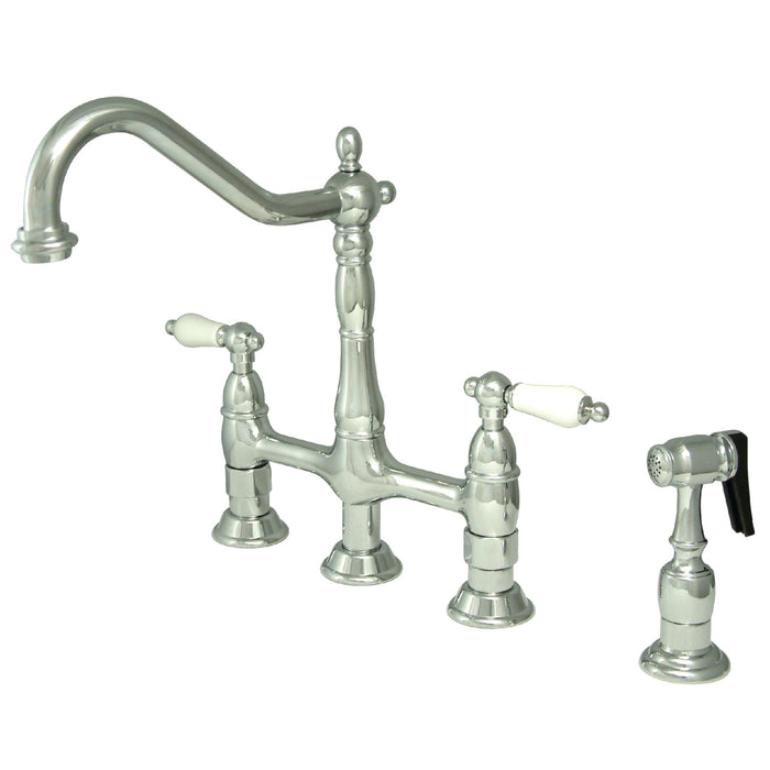 Heritage KS1271PLBS Two-Handle 4-Hole Deck Mount Bridge Kitchen Faucet with Brass Sprayer, Polished Chrome