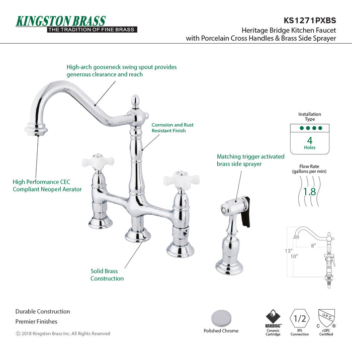 Kingston Heirloom KS1271PXBS - Heritage Two-Handle 4-Hole Deck Mount Bridge Kitchen Faucet with Brass Sprayer, Polished Chrome