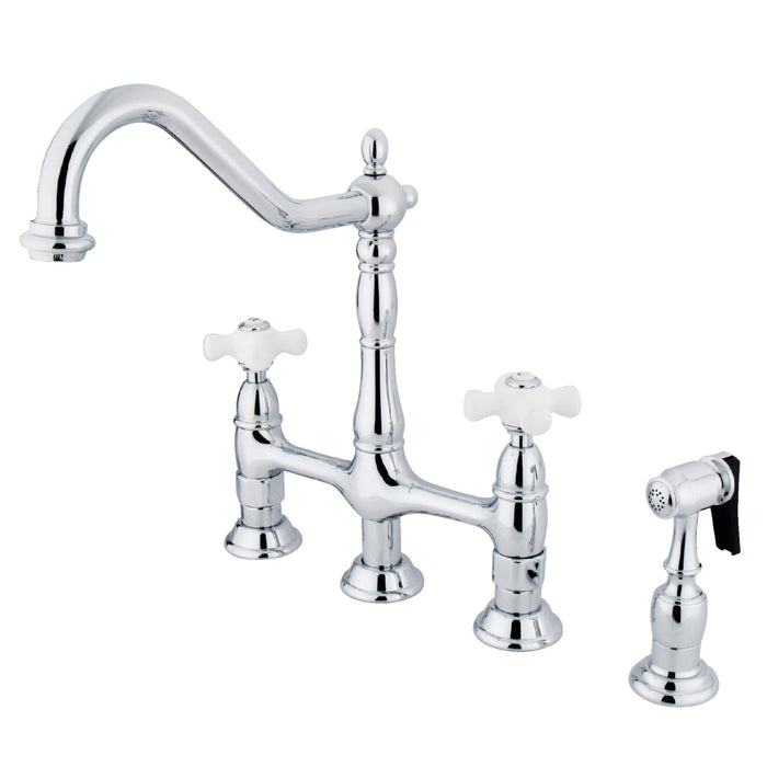 Heritage KS1271PXBS Two-Handle 4-Hole Deck Mount Bridge Kitchen Faucet with Brass Sprayer, Polished Chrome