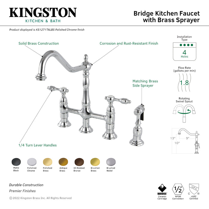 Tudor KS1271TALBS Two-Handle 4-Hole Deck Mount Bridge Kitchen Faucet with Brass Sprayer, Polished Chrome