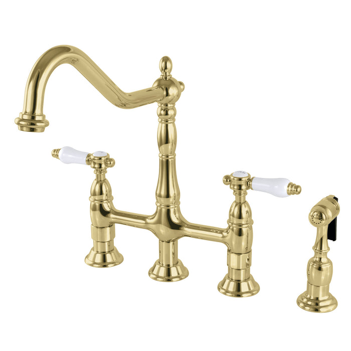 Bel-Air KS1272BPLBS Two-Handle 4-Hole Deck Mount Bridge Kitchen Faucet with Brass Sprayer, Polished Brass