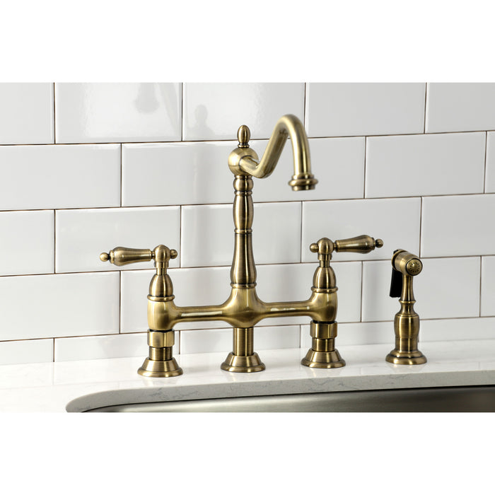 Heritage KS1273ALBS Two-Handle 4-Hole Deck Mount Bridge Kitchen Faucet with Brass Sprayer, Antique Brass