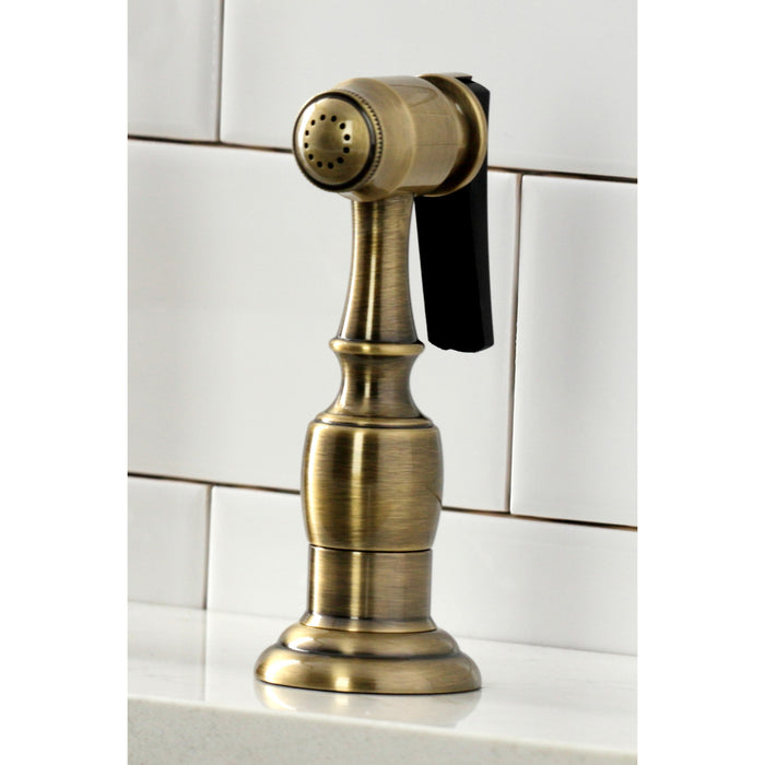 Heritage KS1273AXBS Two-Handle 4-Hole Deck Mount Bridge Kitchen Faucet with Brass Sprayer, Antique Brass