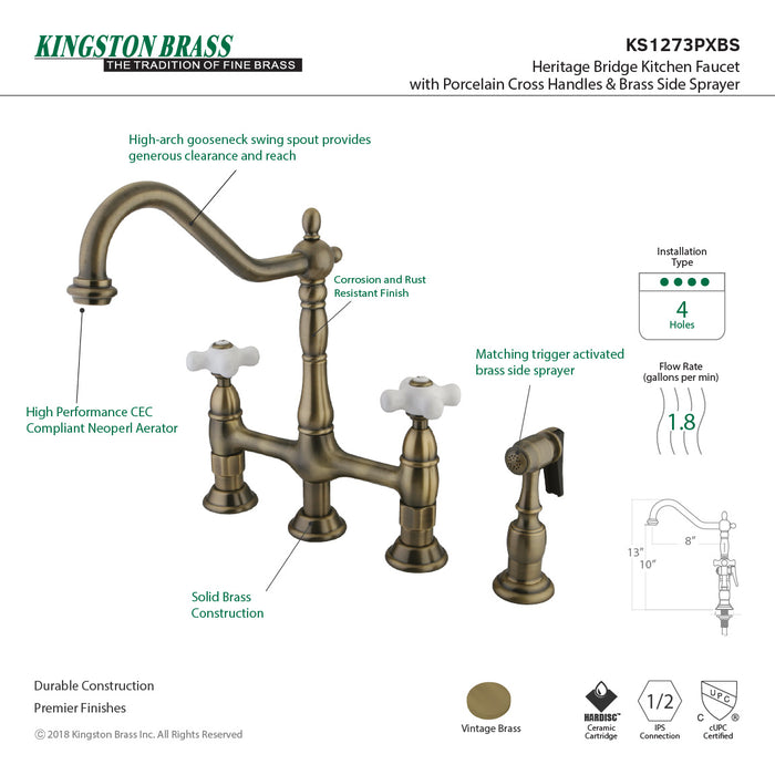 Kingston Heirloom KS1273PXBS - Heritage Two-Handle 4-Hole Deck Mount Bridge Kitchen Faucet with Brass Sprayer, Antique Brass