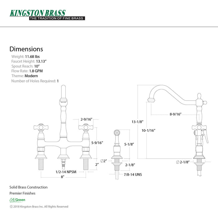 Kingston Heirloom KS1273PXBS - Heritage Two-Handle 4-Hole Deck Mount Bridge Kitchen Faucet with Brass Sprayer, Antique Brass