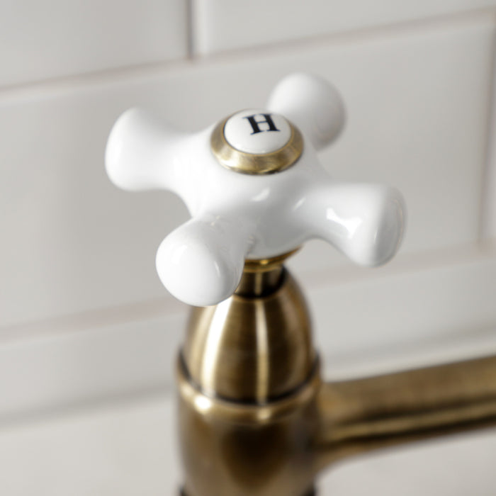 Kingston Heirloom KS1273PXBS - Heritage Two-Handle 4-Hole Deck Mount Bridge Kitchen Faucet with Brass Sprayer, Antique Brass