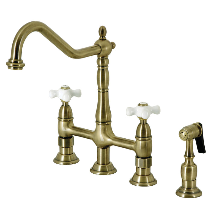Kingston Heirloom KS1273PXBS - Heritage Two-Handle 4-Hole Deck Mount Bridge Kitchen Faucet with Brass Sprayer, Antique Brass