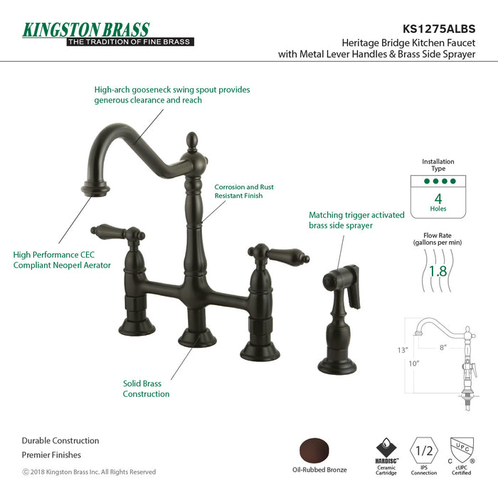 Heritage KS1275ALBS Two-Handle 4-Hole Deck Mount Bridge Kitchen Faucet with Brass Sprayer, Oil Rubbed Bronze