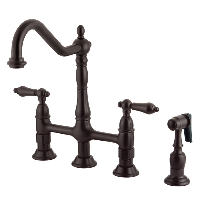 Heritage KS1275ALBS Two-Handle 4-Hole Deck Mount Bridge Kitchen Faucet with Brass Sprayer, Oil Rubbed Bronze