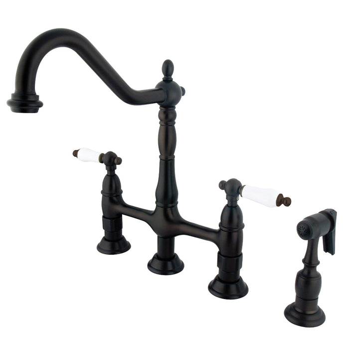 Heritage KS1275PLBS Two-Handle 4-Hole Deck Mount Bridge Kitchen Faucet with Brass Sprayer, Oil Rubbed Bronze